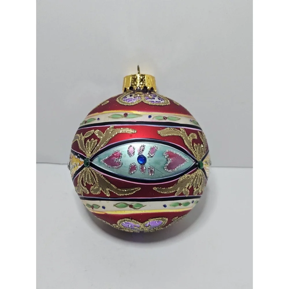 Set of 2 Polish Blown Glass Christmas Ornaments Red Ball Purple Bell Glitter Vtg